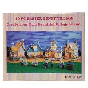 Vintage 10-Piece Easter Bunny Village Toy Shop, Bakery, Church, Train Station
